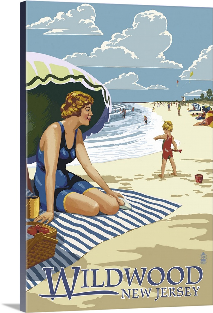 Wildwood, New Jersey - Woman on the Beach: Retro Travel Poster