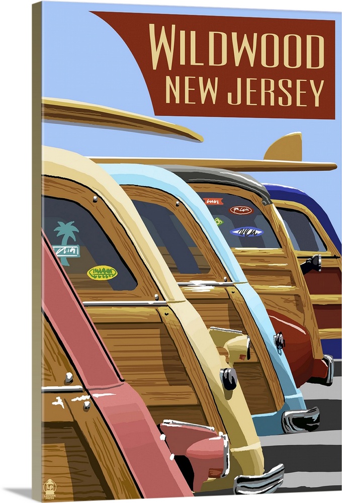 Wildwood, New Jersey - Woodies Lined Up: Retro Travel Poster