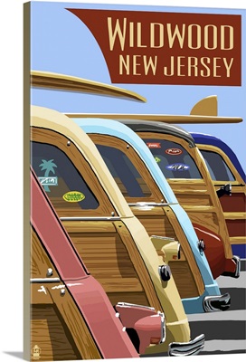 Wildwood, New Jersey - Woodies Lined Up: Retro Travel Poster