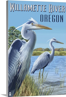 Willamette River, Oregon - Heron Scene: Retro Travel Poster