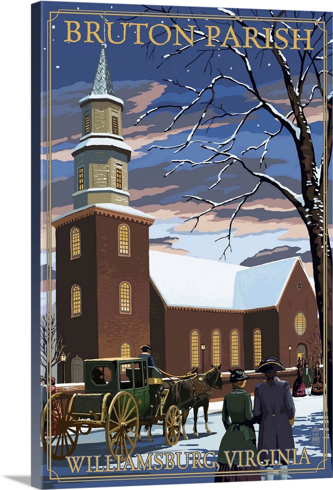 Retro stylized art poster of a historic church with a horse drawn carriage in front.