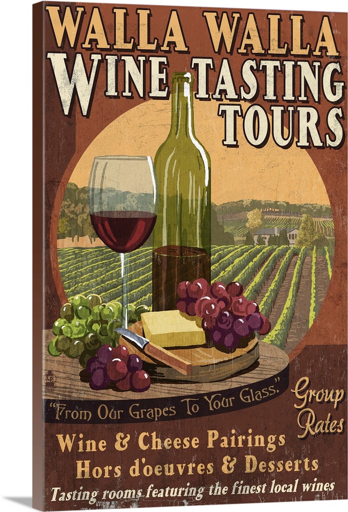 Wine Tasting Vintage Sign - Walla Walla, Washington: Retro Travel Poster