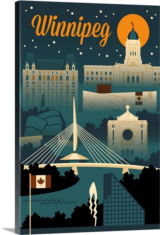 Winnipeg, Canada Retro Skyline Wall Art, Canvas Prints, Framed Prints