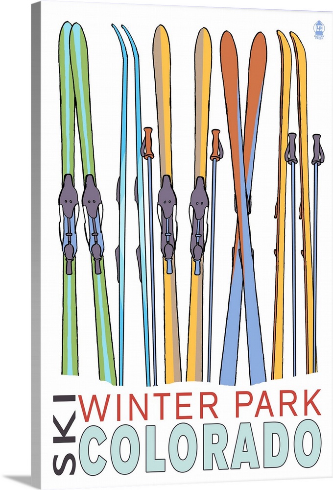 Retro stylized art poster of five pairs of skis standing upright against a white background.