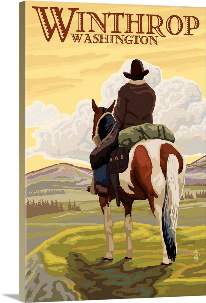 Winthrop, Washington - Cowboy on Horseback: Retro Travel Poster