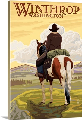Winthrop, Washington - Cowboy on Horseback: Retro Travel Poster