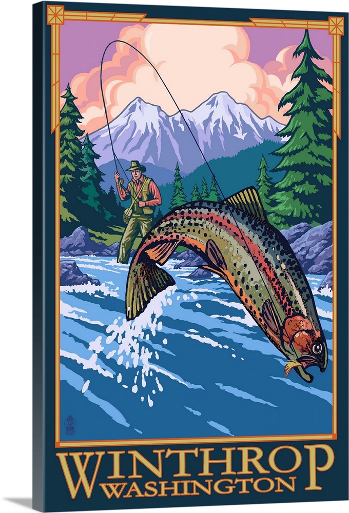 Retro stylized art poster of fisherman catching a fish in a river, near a forest.