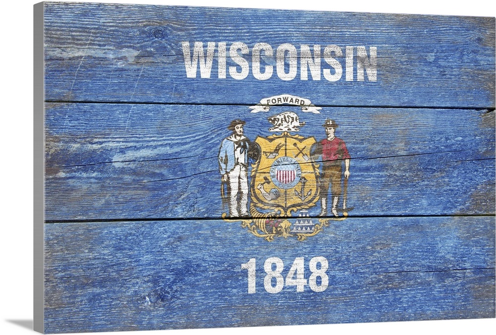 The flag of Wisconsin with a weathered wooden board effect.