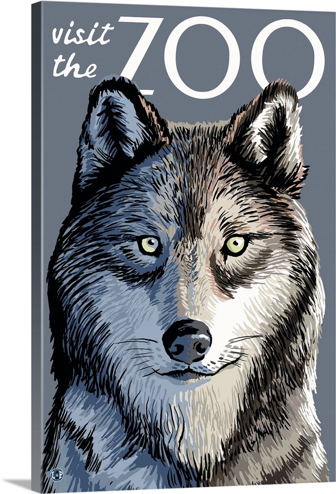Wolf Up Close - Visit the Zoo: Retro Travel Poster