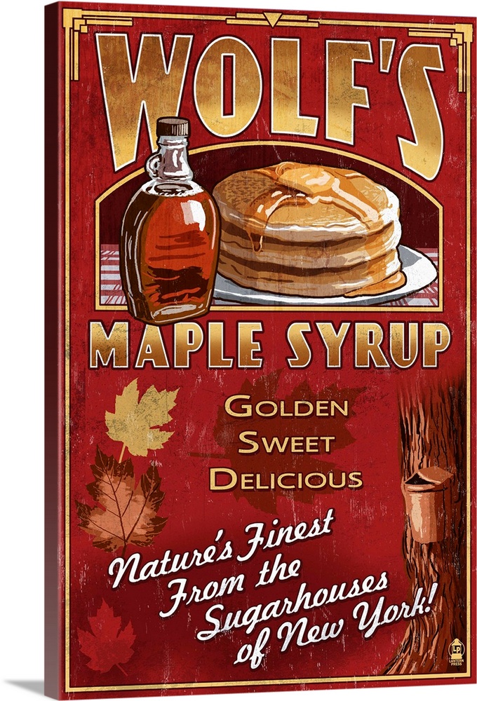 Retro stylized art poster of a vintage sign of maple syrup and a stack of pancakes.