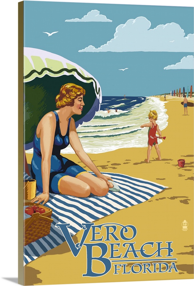 Stylized art poster showing a blonde lady in swimwear sitting on a towel beneath an umbrella watching her child play.