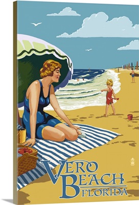 Woman and Beach Scene - Vero Beach, Florida -  : Retro Travel Poster