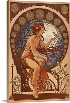 Woman and Bird - Art Nouveau: Retro Art Poster
