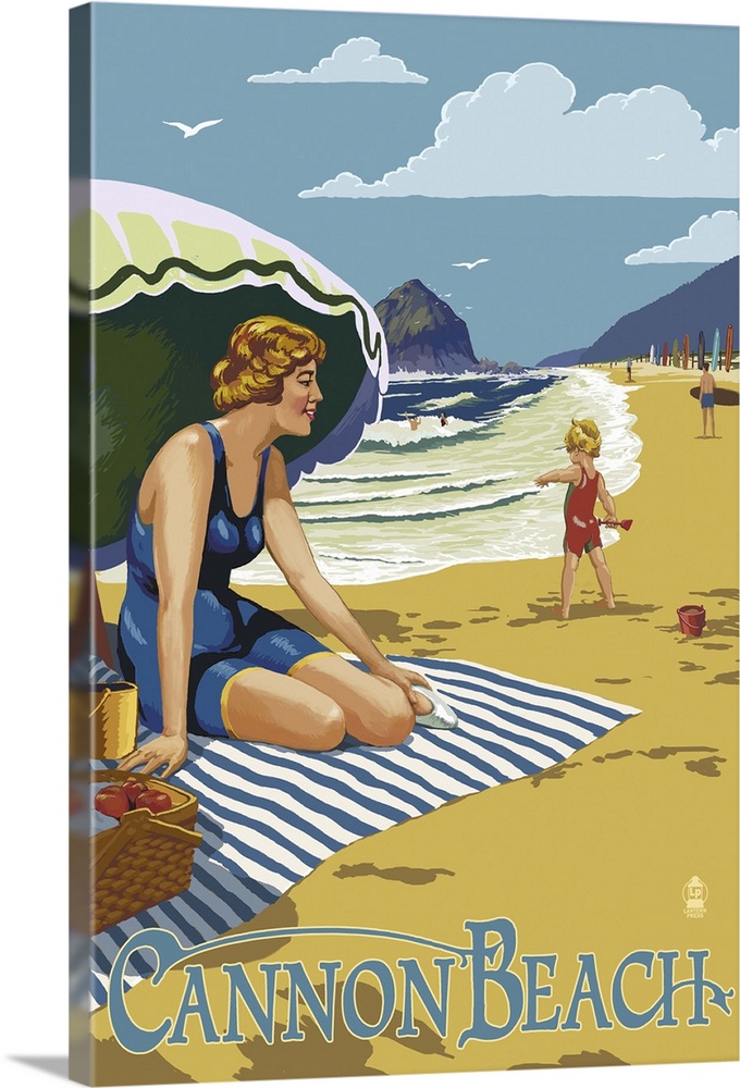 Woman at Cannon Beach, Oregon: Retro Travel Poster
