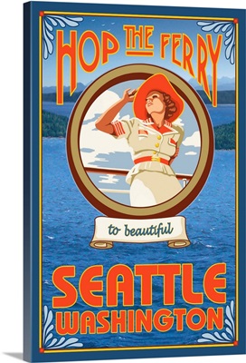 Woman Riding Ferry - Seattle, Washington: Retro Travel Poster