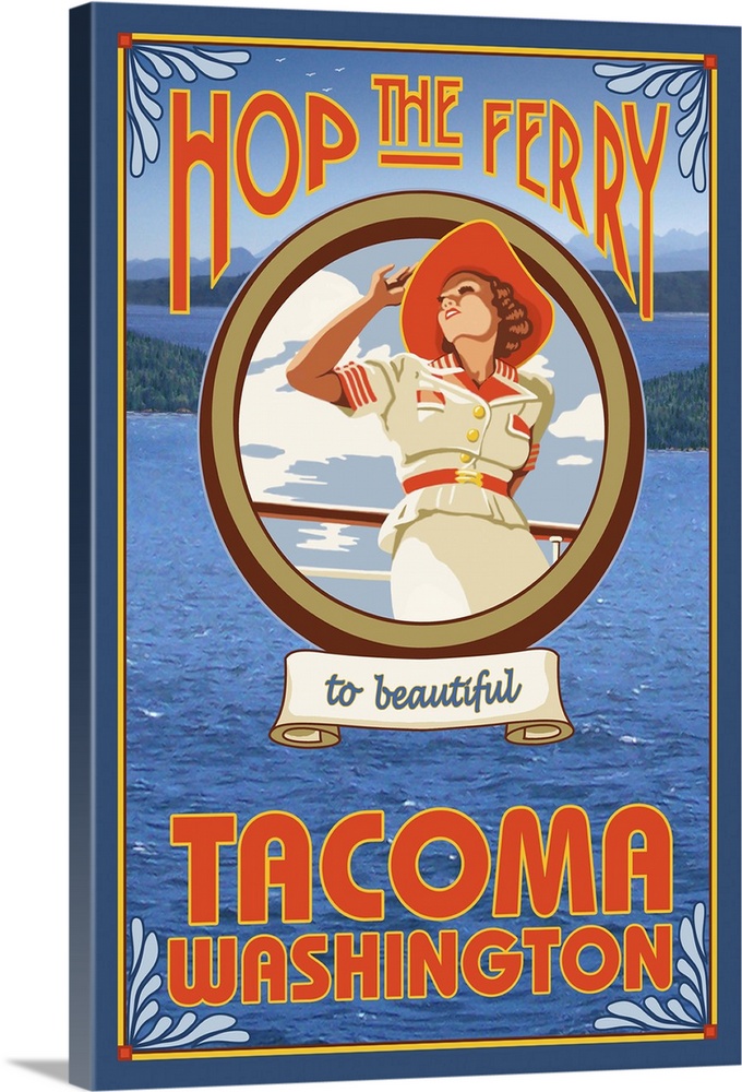 Woman Riding Ferry - Tacoma, Washington: Retro Travel Poster