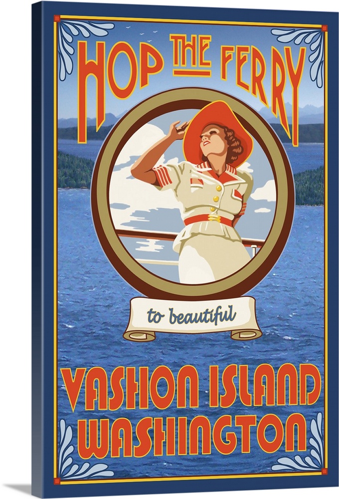 Woman Riding Ferry - Vashon Island, Washington: Retro Travel Poster