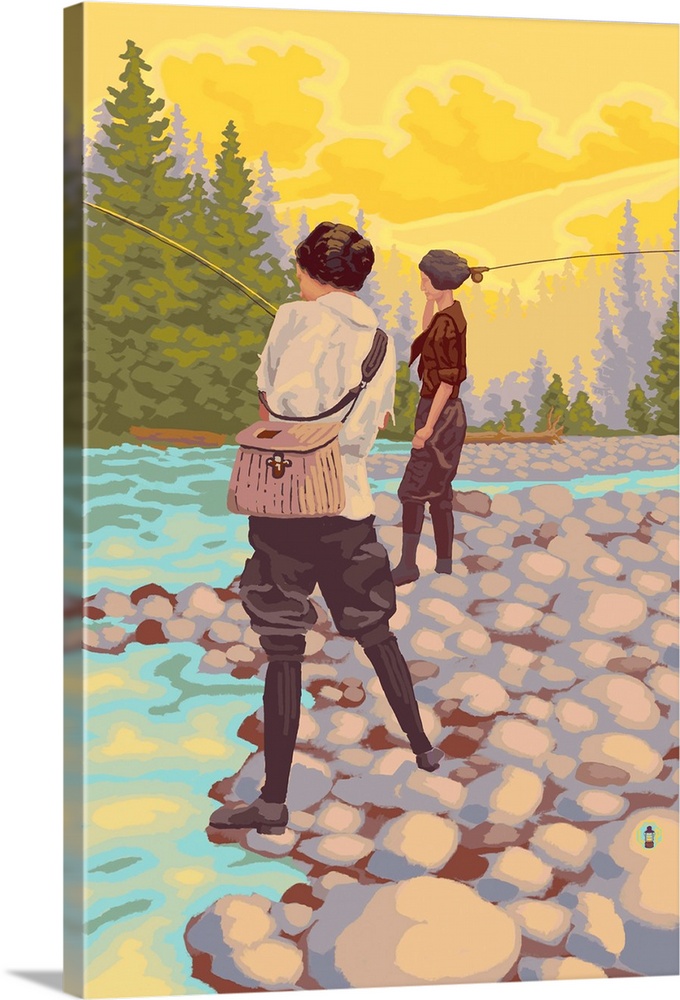 Retro stylized art poster of two women fishing alongside a stream.