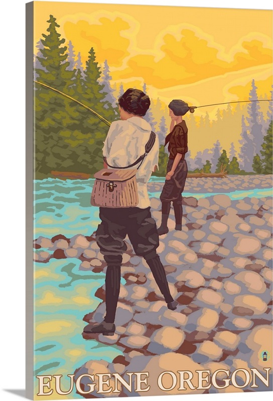 Women Fly Fishing Eugene, Oregon Retro Travel Poster Wall Art