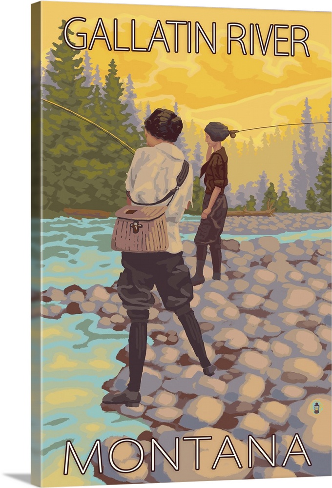 Women Fly Fishing - Gallatin River, Montana: Retro Travel Poster | Large Solid-Faced Canvas Wall Art Print | Great Big Canvas