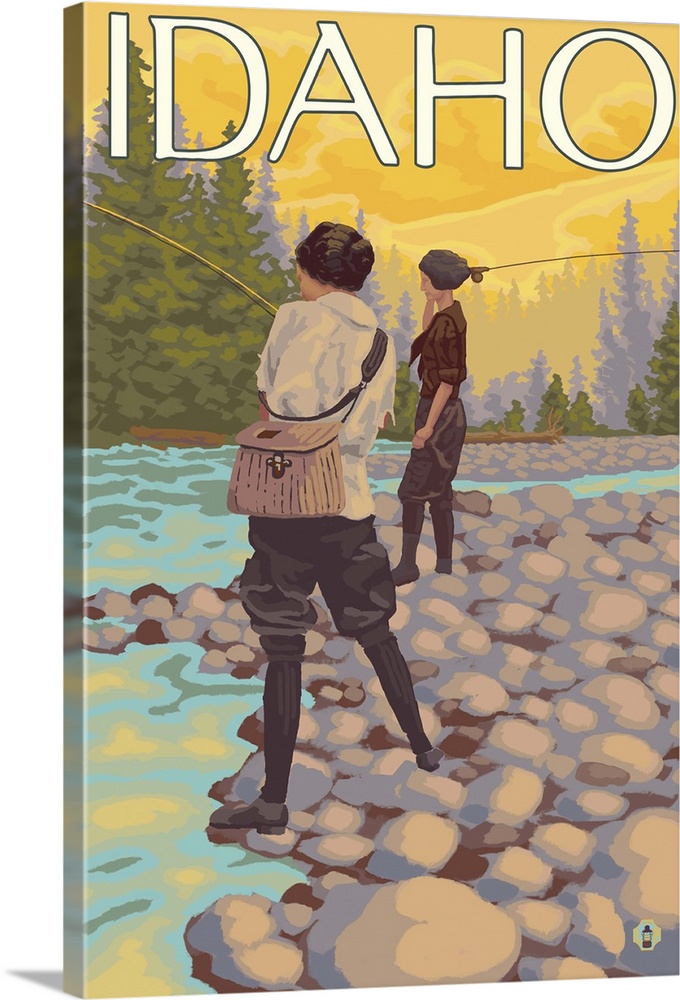 Women Fly Fishing - Idaho: Retro Travel Poster