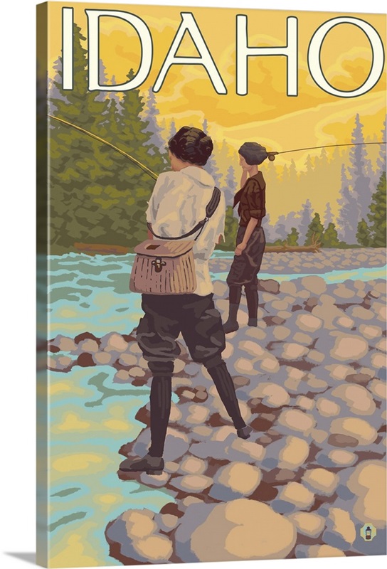 Women Fly Fishing - Payette River, Idaho: Retro Travel Poster | Large Solid-Faced Canvas Wall Art Print | Great Big Canvas