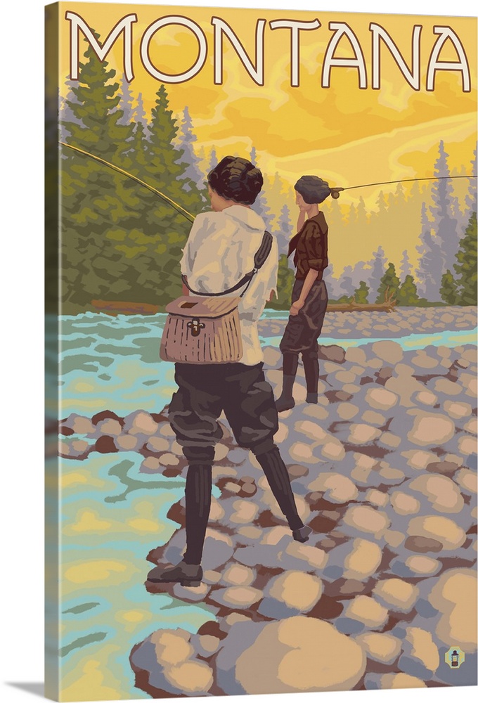 Women Fly Fishing - Montana: Retro Travel Poster Wall Art, Canvas