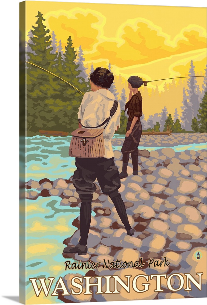 Women Fly Fishing - Mt. Rainier: Retro Travel Poster