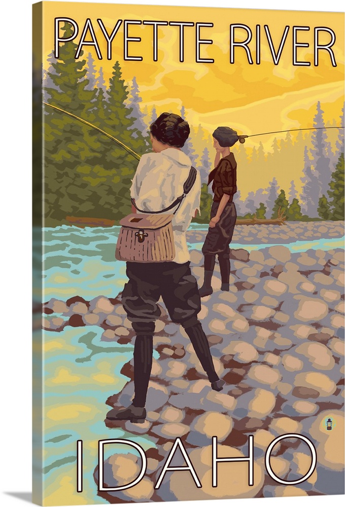 Women Fly Fishing - Payette River, Idaho: Retro Travel Poster | Large Solid-Faced Canvas Wall Art Print | Great Big Canvas