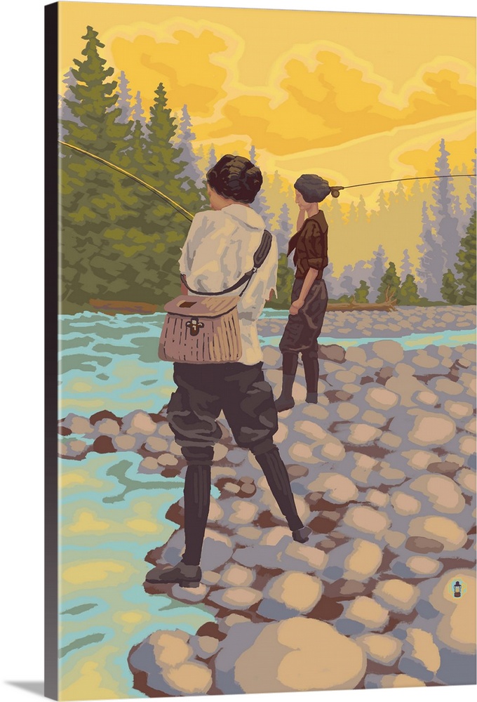 Women Fly Fishing Scene: Retro Poster Art Solid-Faced Canvas Print