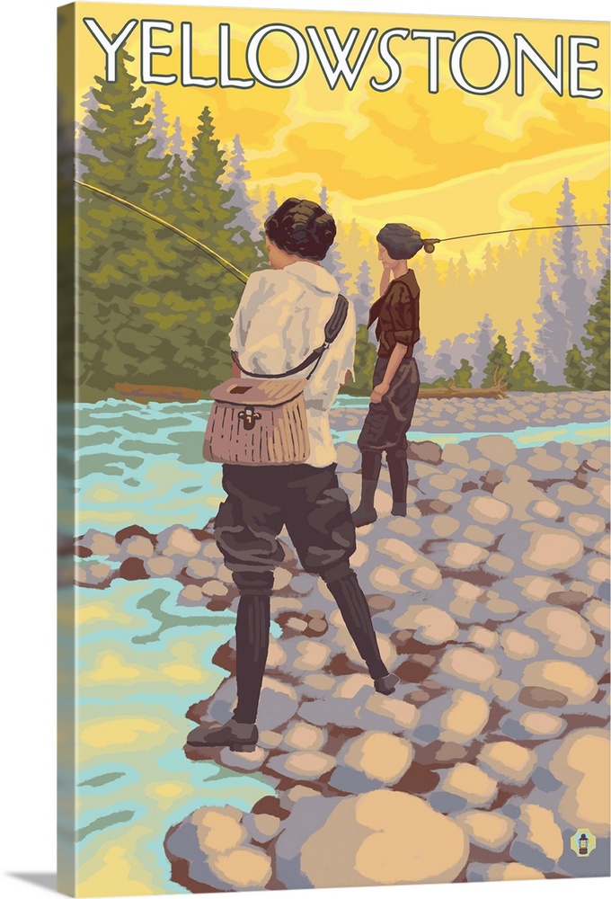 Women Fly Fishing - Yellowstone National Park: Retro Travel Poster