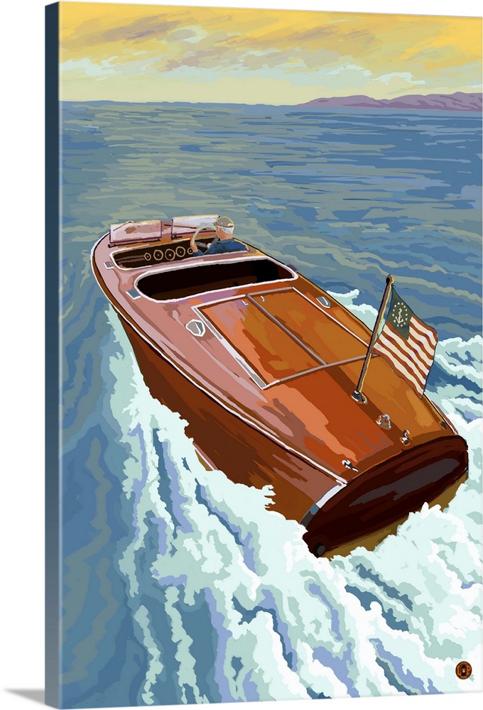 Retro stylized art poster of a wooden speed boat on the open sea.