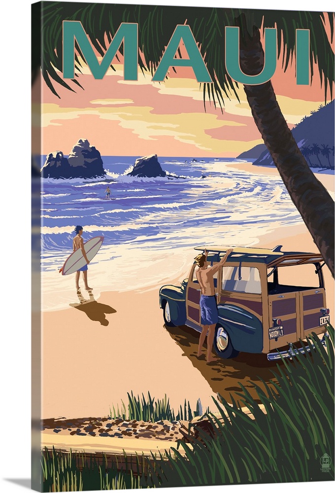 Woody and Beach - Maui, Hawaii: Retro Travel Poster