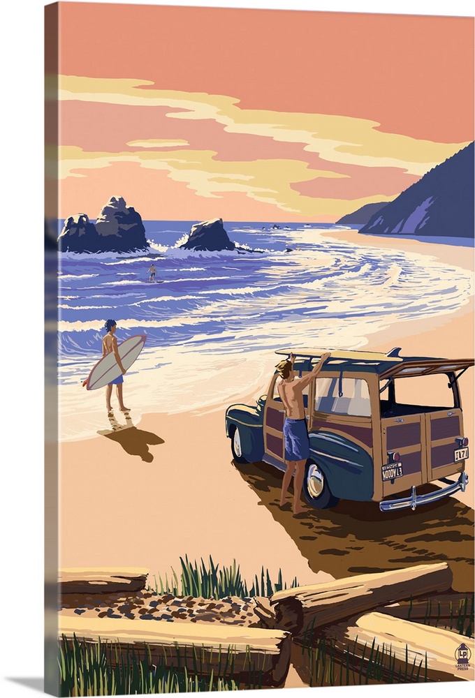 Retro stylized art poster of a vintage woody wagon with surfers on the beach at sunset.