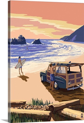 Woody on Beach: Retro Poster Art