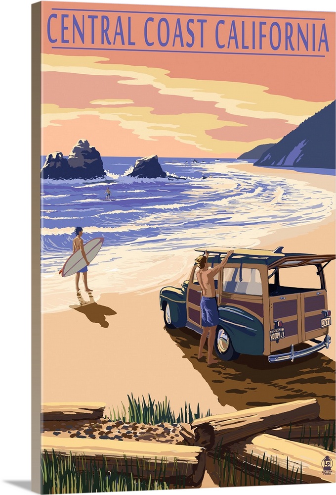 Woody on Central California Beach Coast Scene: Retro Travel Poster