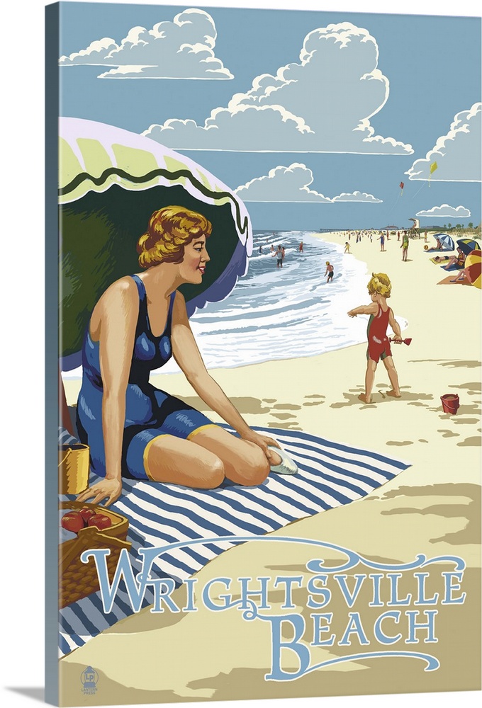 Wrightsville Beach, NC - Beach Scene: Retro Travel Poster