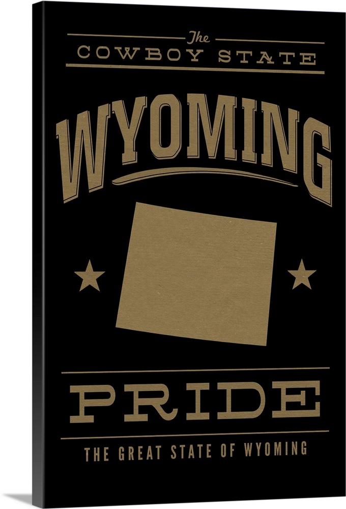 The Wyoming state outline on black with gold text.