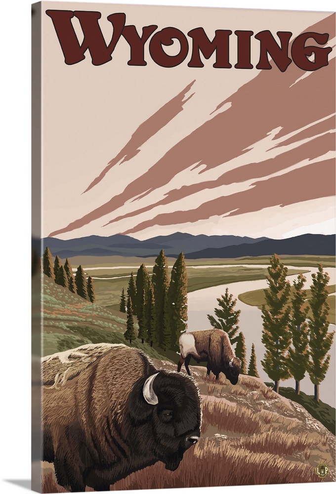 Wyoming - Yellowstone River Bison: Retro Travel Poster