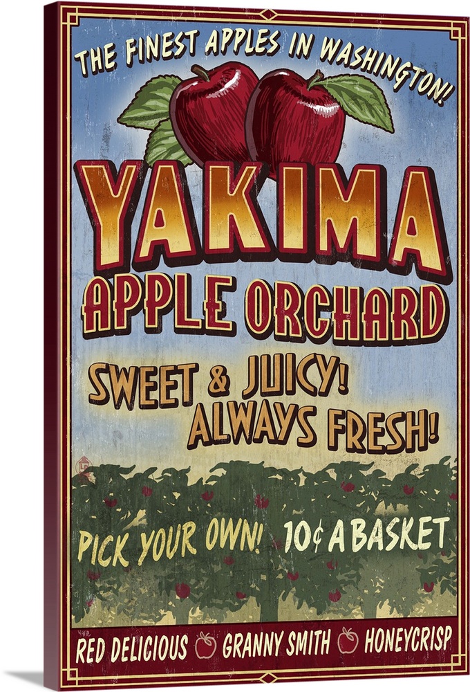 Yakima, Washington - Apple Orchard Vintage Sign: Retro Travel Poster