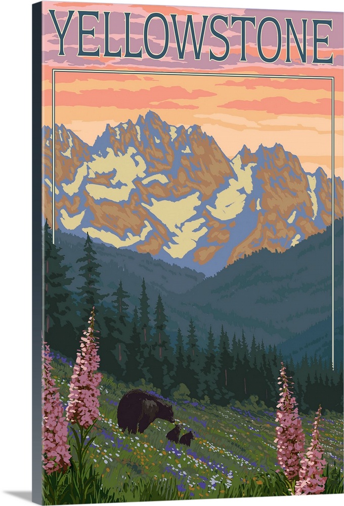 Yellowstone - Bear and Spring Flowers: Retro Travel Poster