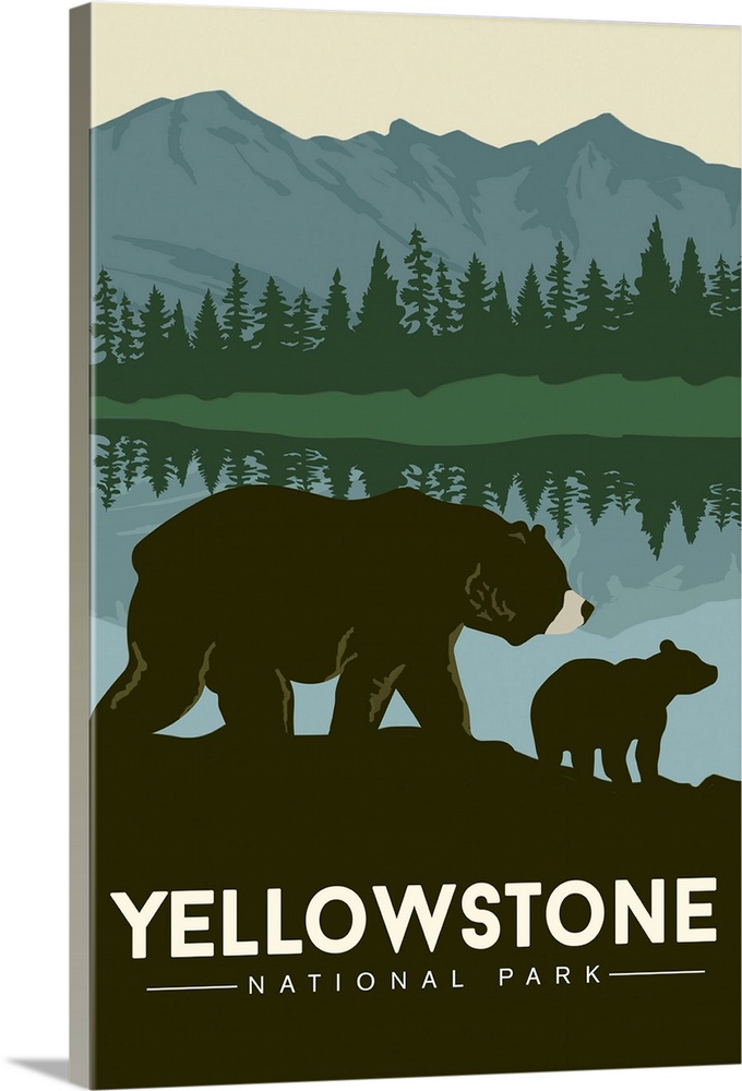 Yellowstone National Park, Bear And Cub: Graphic Travel Poster