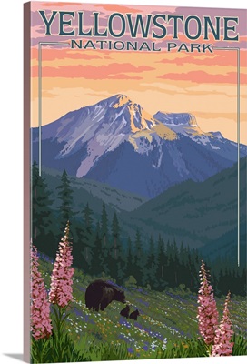 Yellowstone National Park, Bear And Cubs In Wildflowers: Retro Travel Poster