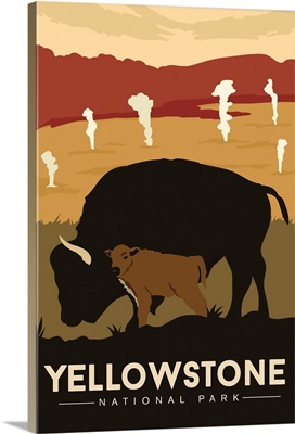 Yellowstone National Park, Bison And Calf: Graphic Travel Poster