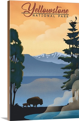 Yellowstone National Park, Bison And Calf Silhouette: Retro Travel Poster