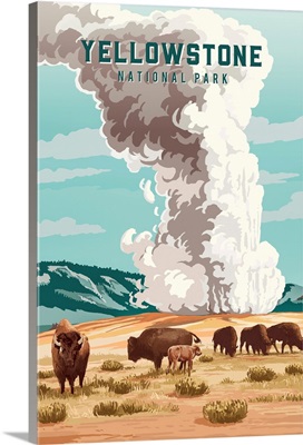 Yellowstone National Park, Bison Grazing: Retro Travel Poster