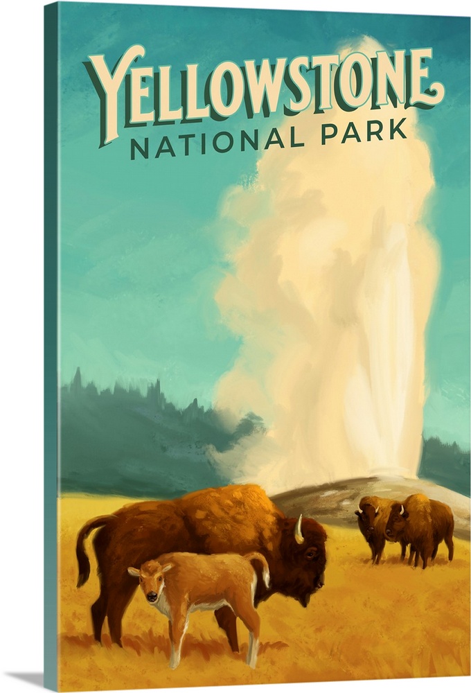 Yellowstone National Park, Bison With Geyser Erupting: Retro Travel Poster
