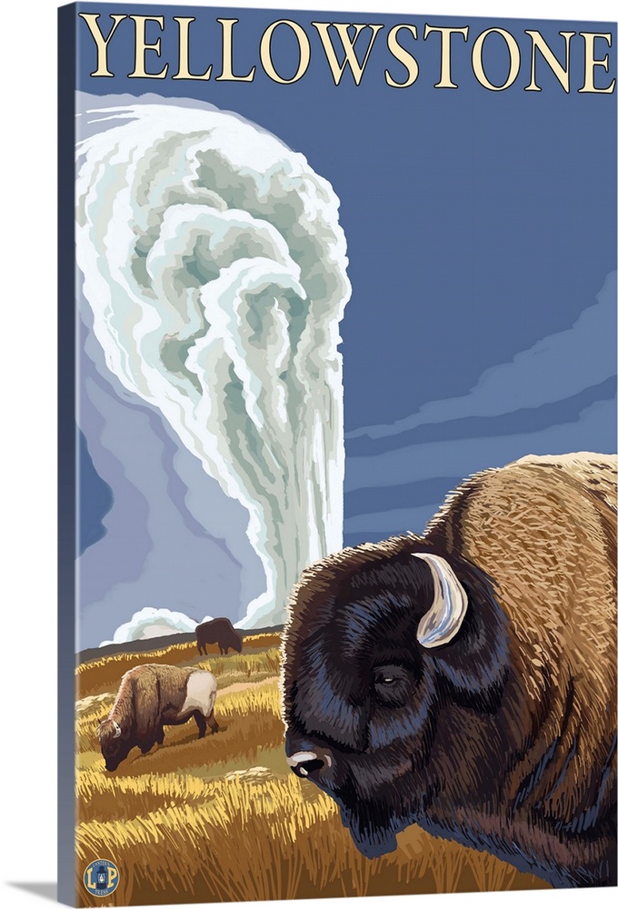 Yellowstone National Park - Bison with Old Faithful: Retro Travel Poster