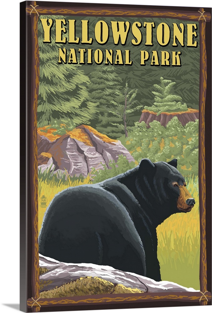 Yellowstone National Park - Black Bear in Forest: Retro Travel Poster