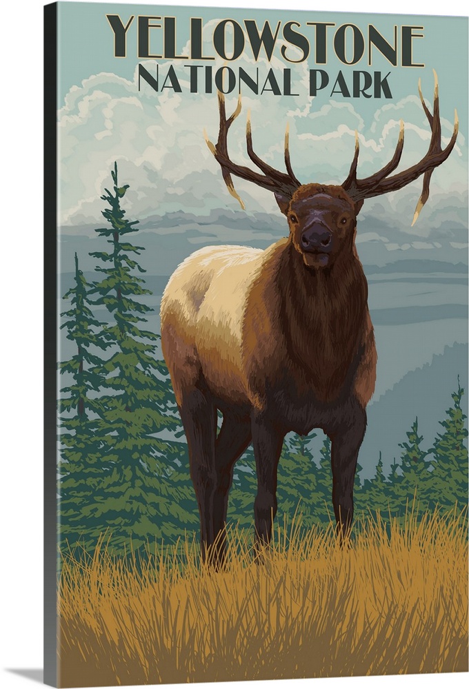 Yellowstone National Park - Elk in Forest: Retro Travel Poster